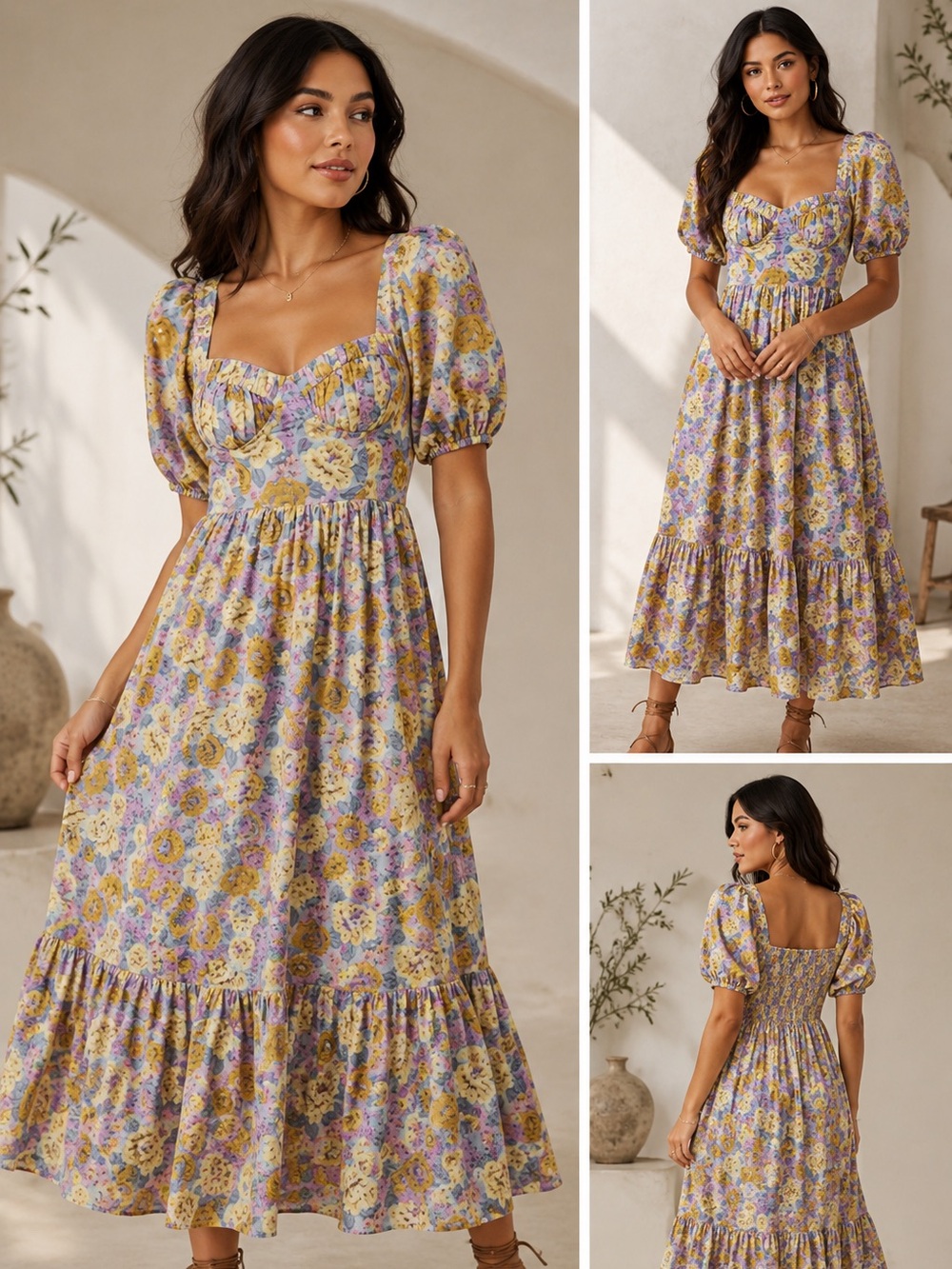 NWT Astr Yellow and Lavender Floral Puff-Sleeve Midi